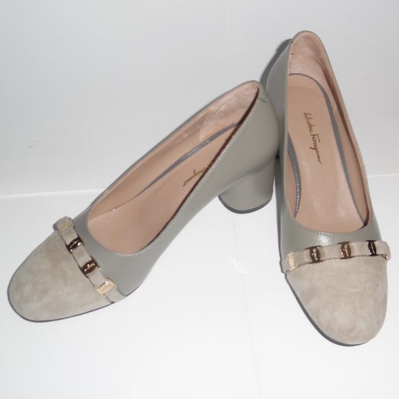Salvatore Ferragamo Shoes - Salvatore Ferragamo Maka chain Gray Leather Suede Vara Logo Round toe Pump Shoes